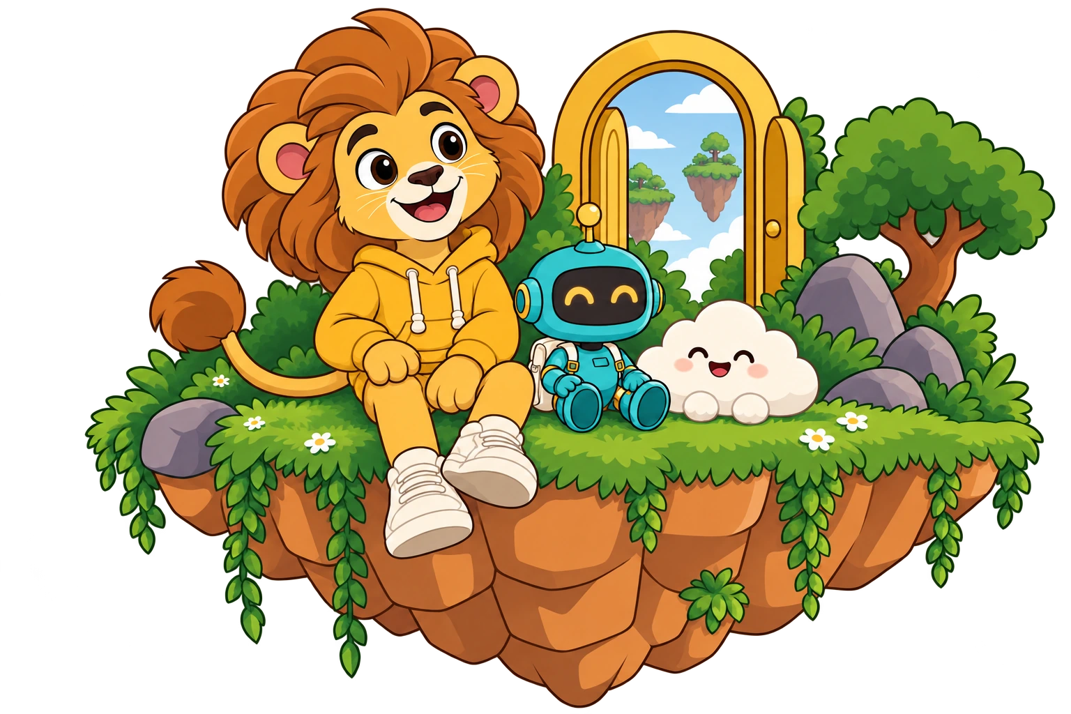 Our lion and robot on their floating island of imagination.