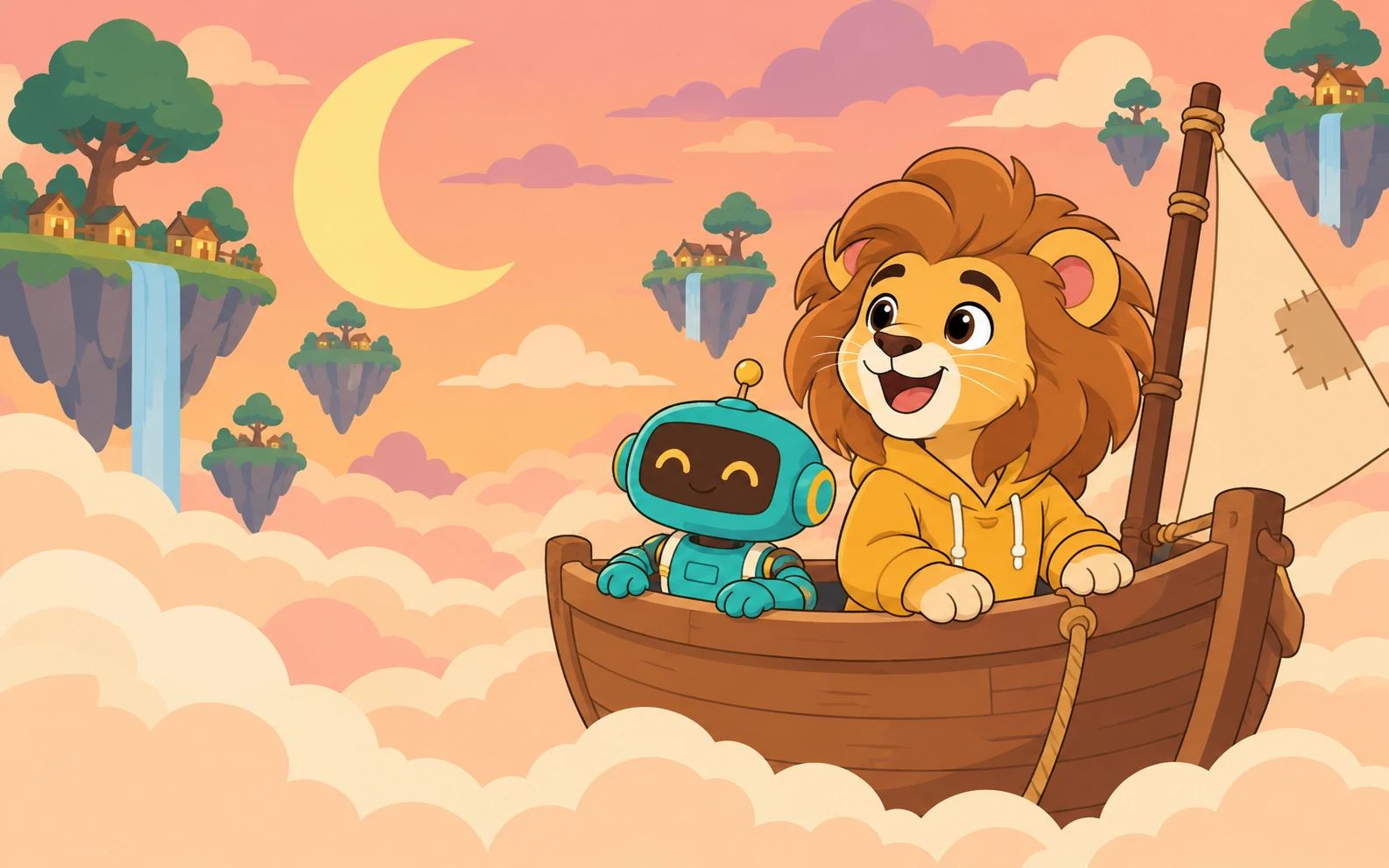 Concept art of a lion and a robot discovering a cloud-filled adventure world.