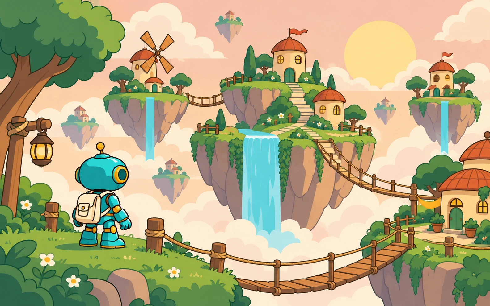 A small robot explores floating islands with warm houses and turquoise waterfalls.