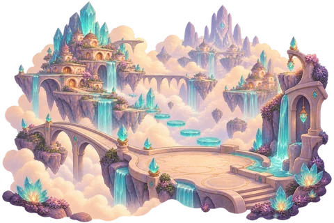 Concept art of floating homes, turquoise waterfalls and a small crystal-carrying robot.