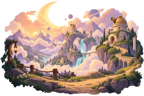 Concept art of a cloud-filled adventure valley with a small robot explorer.