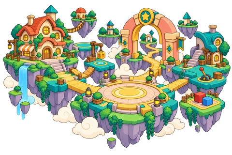 Concept art of a playful building plaza with a small robot assembling a block.
