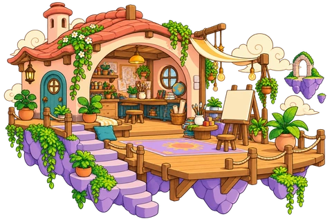 Concept art of an imaginative workshop with a small painting droid.